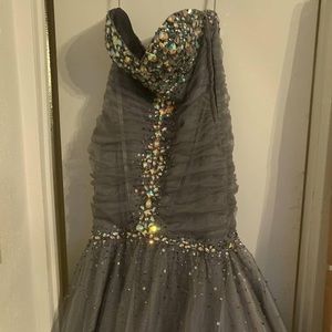 Gray, jeweled, trumpet gown